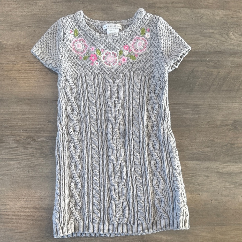 Gray Cable Knit Dress with Floral Embroidery